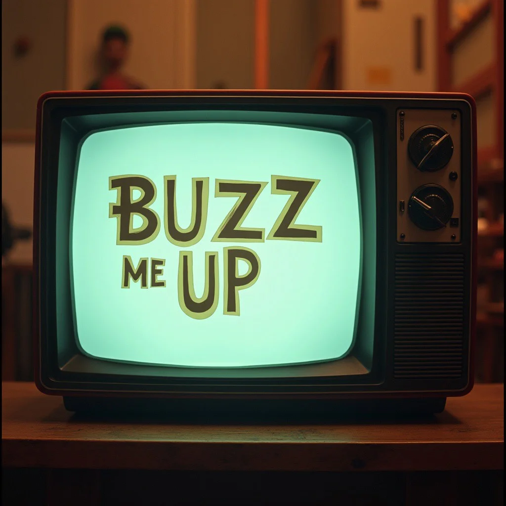a vintage tv screen playing a cartoon, emblazoned on the screen in bold letters saying "BUZZ ME UP"