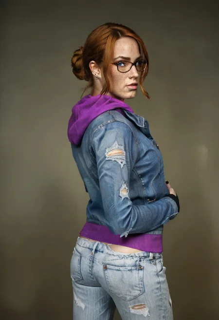 score_9, score_8, score_7_up, highres. masterpiece, highly detailed, realistic
SR_KinzieKensington, 1girl, brown hair, orange hair,, short hair, bangs, single hair bun, hair bun, blue eyes, glasses, black-framed eyewear, denim jacket, blue jacket, open clothes, open jacket, jacket, purple hoodie, purple shirt,, hoodie, hood down, hood, long sleeves, denim, pants, jeans, torn pants, torn clothes, gloves, fingerless gloves, freckles, face freckles, body freckles
alleyway, crossed arms, looking at viewer, standing, solo, upper body, face focus
<lora:RealisticSkinv2_ponyv6_loraplus:1:start=XX> real skin, explicit photography