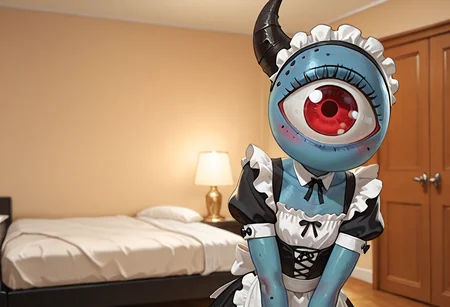 best quality, amazing quality, absurdres, newest, masterpiece BREAK 1girl, flat chest, ZndrspltMTG, Single Horn, solo, short, midget, homunculus, one-eyed, cyclops, maid outfit, headband, blue skin:1.2, bedroom, mouthless, red eye, depth of field, embarrassed <lora:Zndrsplt_Eye_of_Wisdom_Magic_the_Gathering:1>  <lora:NOOB_vp1_detailer_by_volnovik_v1:1>