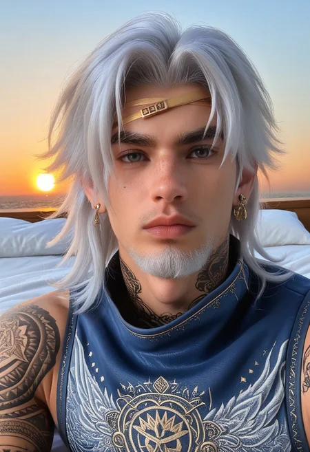 Gay++, homoerotic, hyper masculine, solo, (white hair, white body hair, white beard), (((male))), sheets covering body, in the bedroom, sitting on bed, headshot, sunrise, 20yo, gray eyes, scruffy, confident, (medium hair), ((athletic, narrow waist, wide shoulders)), cocky, gigachad, scruffy, shaggy, head tilted back++, face freckles, earrings, nose piercing, eyebrow piercing, blackout tattoos, tattoos, white tank, BREAK
Portrait photo, close up picture, close up detail, zoomed in on face, from the neck up, relaxed, in bed, morning, sunrise, (warm lighting)
bokeh, highly detailed, Fujifilm XT-4,
LanGe, LanGe_silver-blue-hair, LanGe_long-medium-wavy-hair, LanGe_dark-eyebrows, LanGe_gray-eyes, LanGe_asian-shaped-eyes, LanGe_golden-head-ornament,