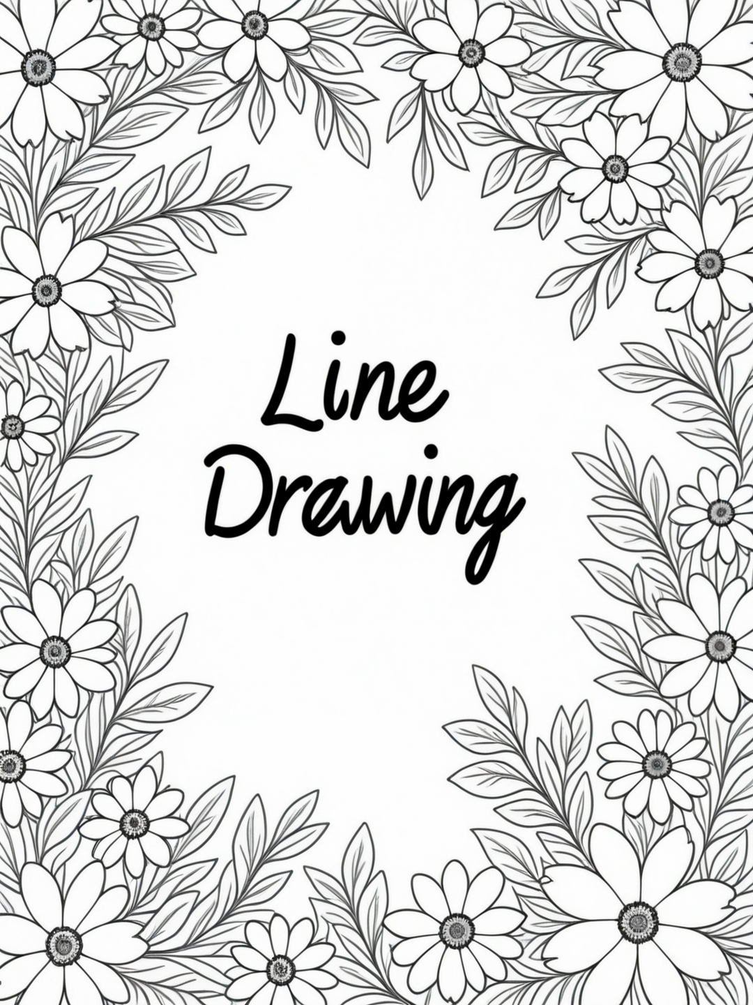 A simple monochrome line drawing for a coloring book.

Flowers.
A simplistic sign. (Text: "Line Drawing").

<lora:LineDrawing03_CE_XL_300-OT:0.4> lndrwngCE_style
<lora:TextTitle01a_CE_XL_300-OT:0.6> texttitle