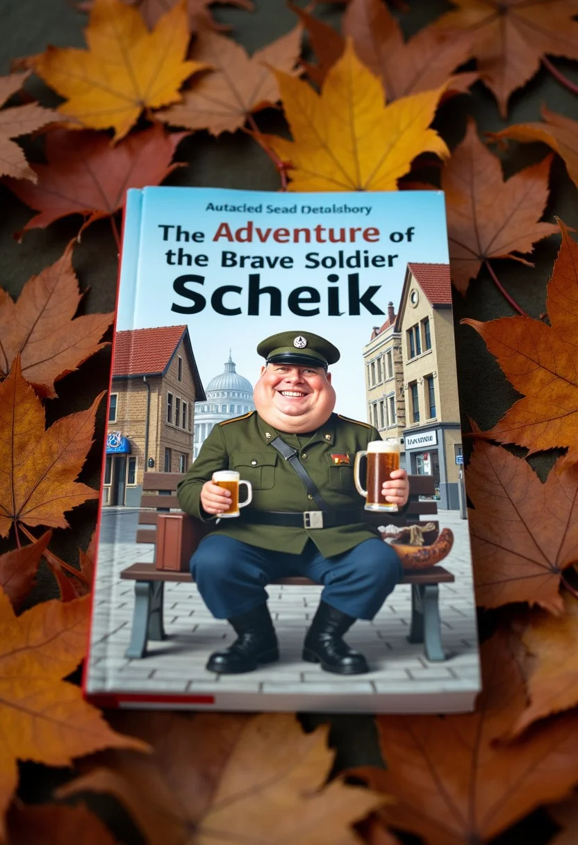 The book is lying on autumn leaves, close-up. The cover of the book depicts a cheerful fat man, clean-shaven and dressed in an Austrian uniform from the First World War. He's sitting on a bench, behind a beer store, with a mug of beer in one hand and a sausage in the other. The book is called "The Adventures of the Brave Soldier Schweik".