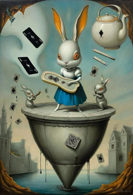 Neo Surrealism ,Alice in Wonderland scene white rabbit, teapot, cards, Into The Well by Greg Craola Simkins, existential residues dark shines surrealism, blue, gray and orange color scheme, a painting of a woman playing a lute ,fantasy Victorian art, magical realism bizarre art, pop surrealism, whimsical art.