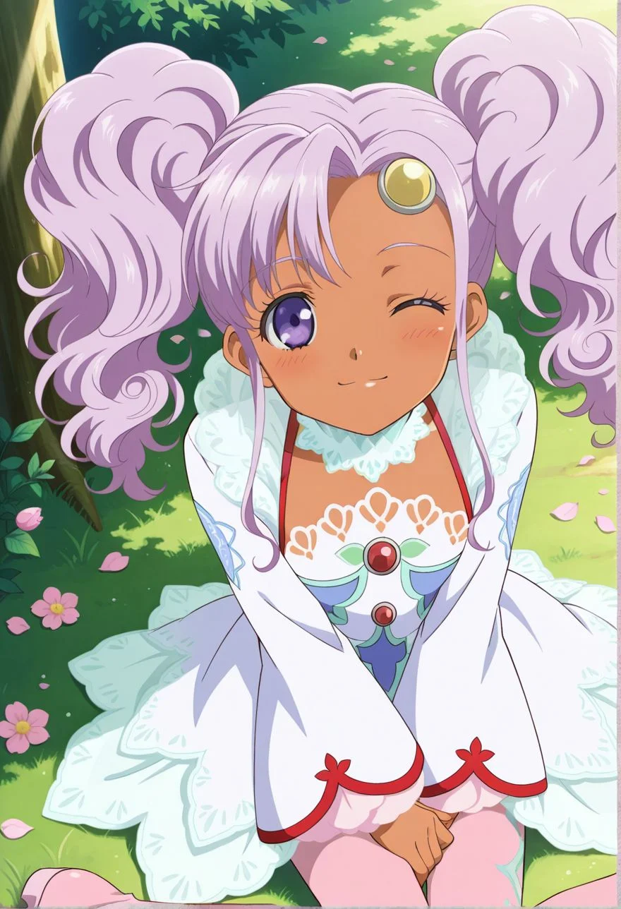 detailed eyes, beautiful, detailed background, perfect eyes,
source_anime, very aesthetic, anime coloring, masterpiece, official art,
<lora:HandFineTuning_XL:1>
BREAK,
forest, flowers, flower petals,
sitting, looking at viewer, wink, light smile, blush,
dynamic angle, from above,
BREAK,
<lora:meredy_illustriousXL_v02:0.9>
meredyceles, twintails, purple hair, wavy hair, purple eyes, dark skin, sidelocks, long hair,
white dress, long sleeves, lace collar, lace sleeves, lace dress,
pink pantyhose, pink footwear, pantyhose pattern,