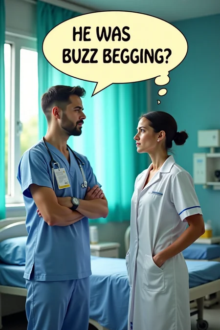 patient and nurse in a hospital, a bubble text above the nurs says "HE WAS BUZZ BEGGING". nurse seems sad and worried