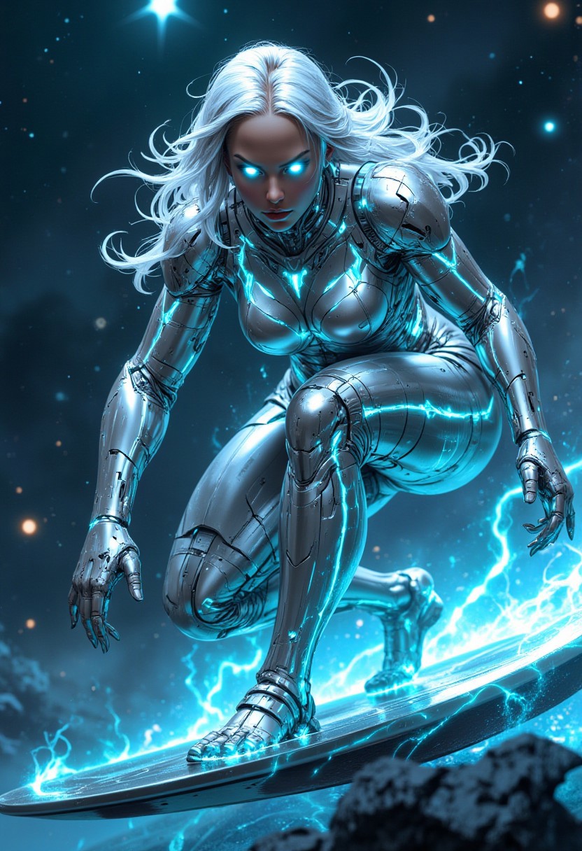 "A futuristic female figure resembling a cosmic surfer, her entire body encased in a sleek, reflective silver metallic armor. The armor is illuminated by glowing cyan energy patterns that pulse through her body like veins of light, creating a striking, radiant effect. She has glowing white eyes that exude power and determination. Her long, flowing white hair shimmers and seems to defy gravity, blending with the ethereal cosmic light surrounding her. She is crouched in an athletic pose, balancing expertly on a sleek, silver surfboard that emanates glowing energy trails, as if it is gliding through space. In the background, a bright, radiant star illuminates a celestial scene filled with swirling cosmic clouds and distant planets. The lighting captures every intricate detail of her metallic surface and energy patterns, emphasizing both strength and elegance. The overall atmosphere is futuristic, vibrant, and awe-inspiring, with a sense of motion and cosmic energy."
