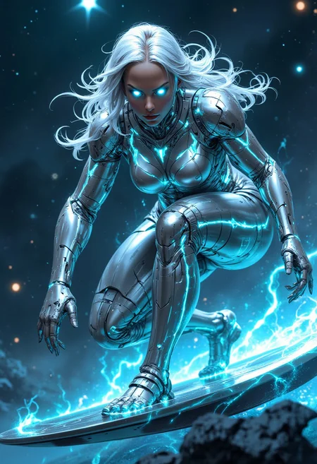 "A futuristic female figure resembling a cosmic surfer, her entire body encased in a sleek, reflective silver metallic armor. The armor is illuminated by glowing cyan energy patterns that pulse through her body like veins of light, creating a striking, radiant effect. She has glowing white eyes that exude power and determination. Her long, flowing white hair shimmers and seems to defy gravity, blending with the ethereal cosmic light surrounding her. She is crouched in an athletic pose, balancing expertly on a sleek, silver surfboard that emanates glowing energy trails, as if it is gliding through space. In the background, a bright, radiant star illuminates a celestial scene filled with swirling cosmic clouds and distant planets. The lighting captures every intricate detail of her metallic surface and energy patterns, emphasizing both strength and elegance. The overall atmosphere is futuristic, vibrant, and awe-inspiring, with a sense of motion and cosmic energy."