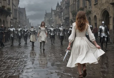 1 young female child with an army of knights.
(the female child is happy in clean white dress) runs with a white flower in her right hand towards background (facing away) from camera. back turned.
(The Army of Knights is covered with blood and wounds), marching from right to left in background. Intense Violance/Gore.
Masterpiece, DonMSt34mPXL, Realistic Lightning, Cinematic Lightning, Dark Lightning, Rain, Puddle, Clouded Sky, medieval, fantasy, pedestrians, Cape, Reflection, 1girl, army