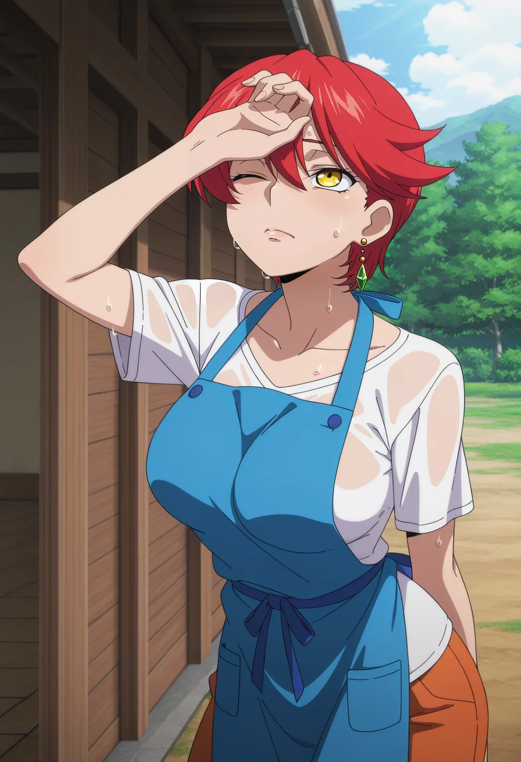 1girl,solo,mm,mature female,short hair,red hair,yellow eyes,single earring,large breasts,anime coloring,
white shirt,orange pants,blue apron,hand on own forehead, one eye closed,sweat,hot,outdoors,looking up,day
,masterpiece,best quality,amazing quality,<lora:Narah_Vaughn-Code_Geass-Dakkan_no_Rozé:0.8>