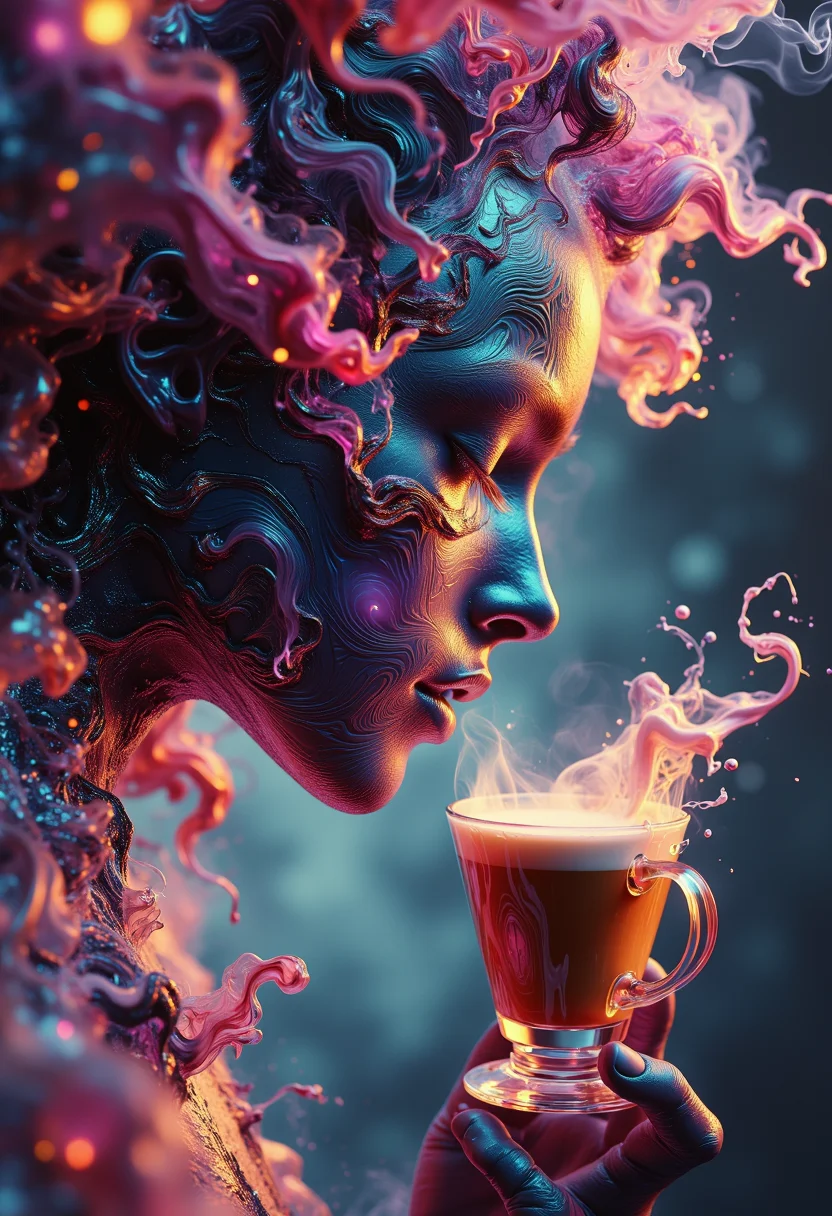 Magnum opus, zoom-out reveal, profile of a cosmic barista, celestial coffee machine, brewing the perfect galactic blend, ultra-high fidelity, 64K clarity, specialty coffee magazine cover, hyper-detailed nebula milk froth, multi-dimensional flavor profile background