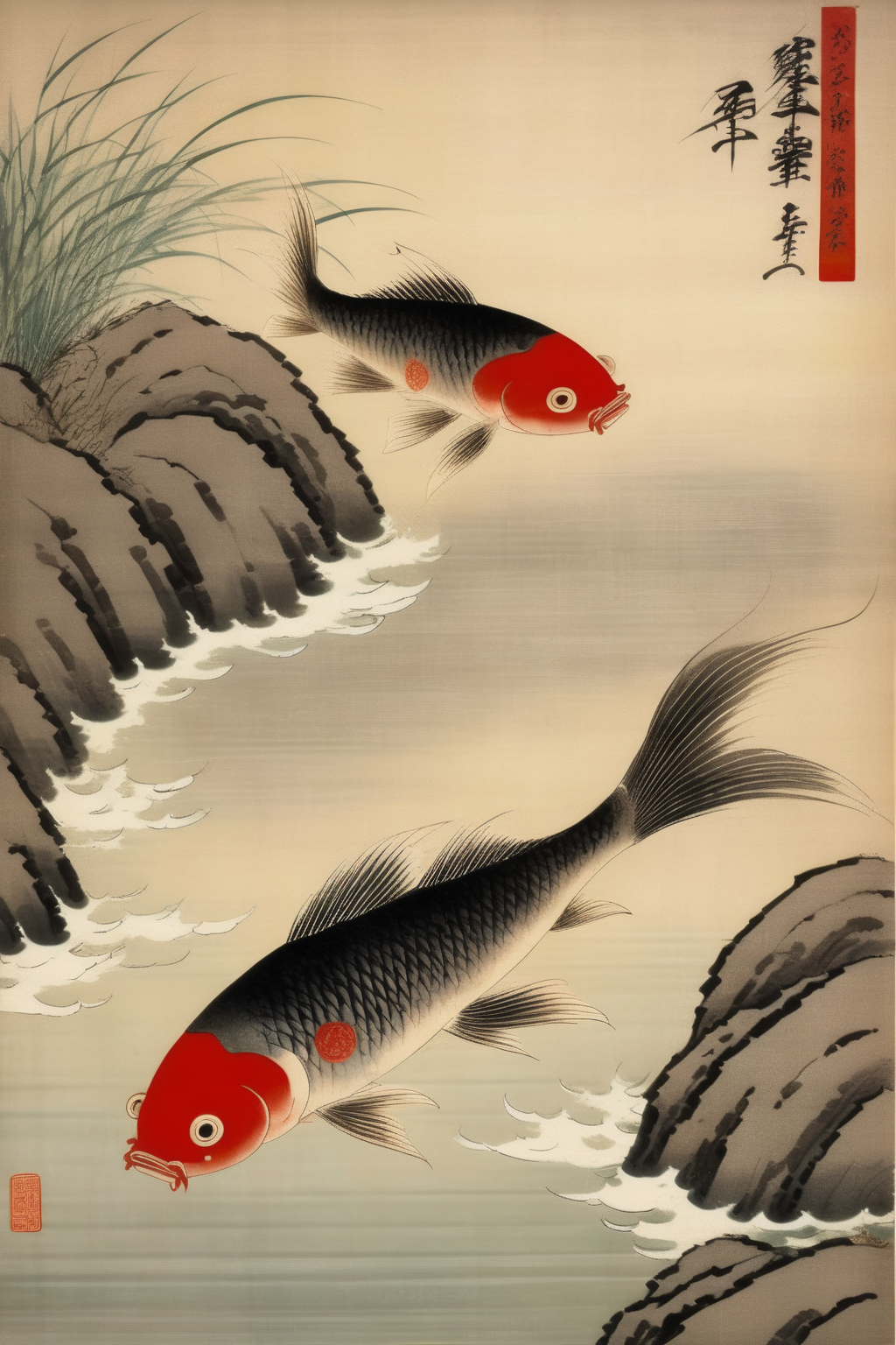 <lora:Ohara Koson Style:1>Ohara Koson Style - Fish burrowed into the bottom of the water. Ancient China. ohara koson style.