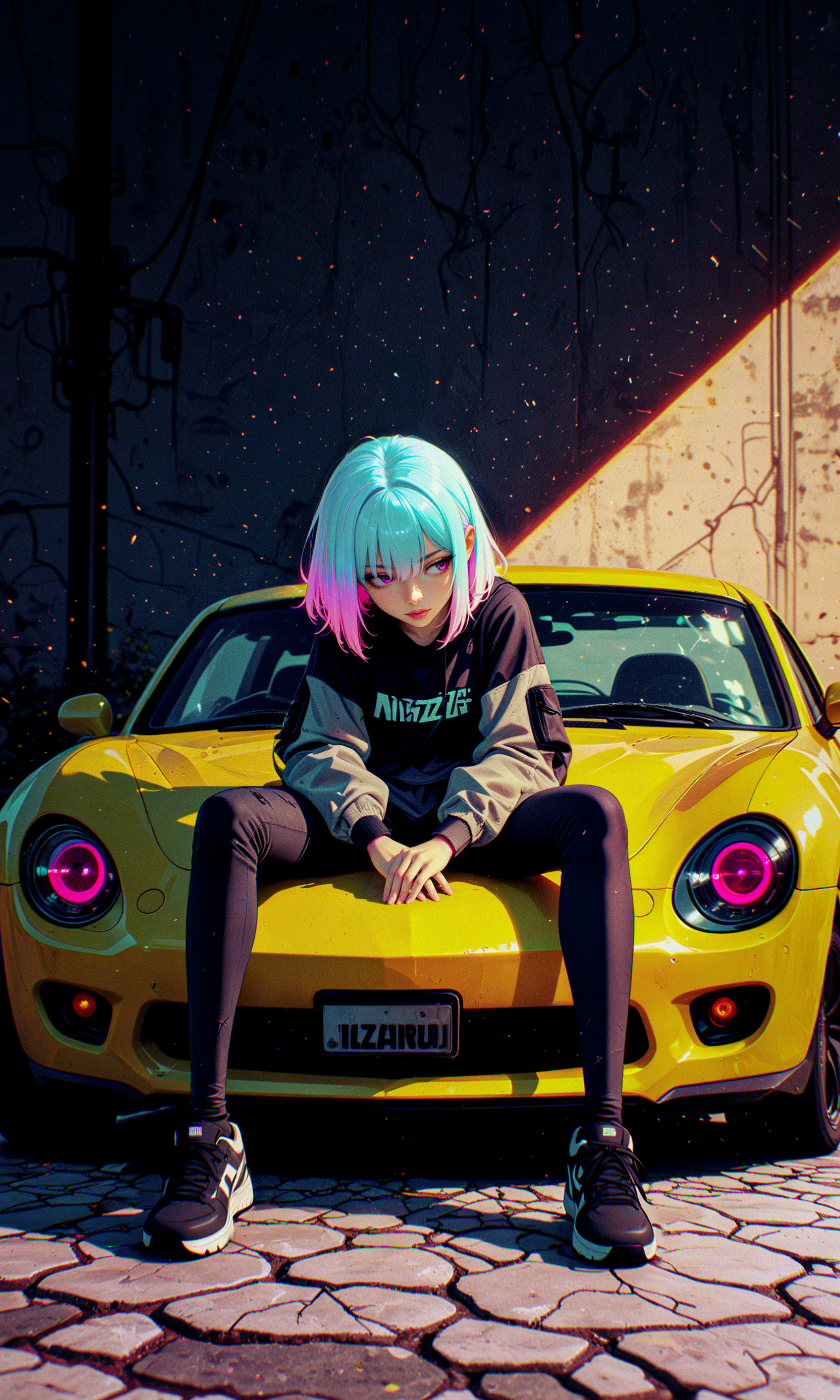 masterpiece, best quality, amazing quality, very aesthetic, absurdres, newest
stylized anime illustration, high-detail digital painting
1girl, neon hair, sitting on the hood
relaxed pose, hands resting, gazing downward, rugged streetwear aesthetic, yellow sports car out of frame
urban setting, cracked pavement, harsh sunlight casting strong shadows, reflections on the carâs body, muted tones with a high-contrast color palette
in the style of cksc, in the style of ck-rw, btiflgrlsnrv2 <lora:reij-detaILer v2:0.4> <lora:spo_sdxl_10ep_4k-data_lora_webui:0.8> <lora:ck-shadow-circuit-IL-000012:0.5> <lora:ck-neon-retrowave-IL-000012:0.35> <lora:Beautiful_Girls_V2:0.8>