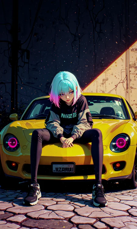 masterpiece, best quality, amazing quality, very aesthetic, absurdres, newest
stylized anime illustration, high-detail digital painting
1girl, neon hair, sitting on the hood
relaxed pose, hands resting, gazing downward, rugged streetwear aesthetic, yellow sports car out of frame
urban setting, cracked pavement, harsh sunlight casting strong shadows, reflections on the carâs body, muted tones with a high-contrast color palette
in the style of cksc, in the style of ck-rw, btiflgrlsnrv2 <lora:reij-detaILer v2:0.4> <lora:spo_sdxl_10ep_4k-data_lora_webui:0.8> <lora:ck-shadow-circuit-IL-000012:0.5> <lora:ck-neon-retrowave-IL-000012:0.35> <lora:Beautiful_Girls_V2:0.8>