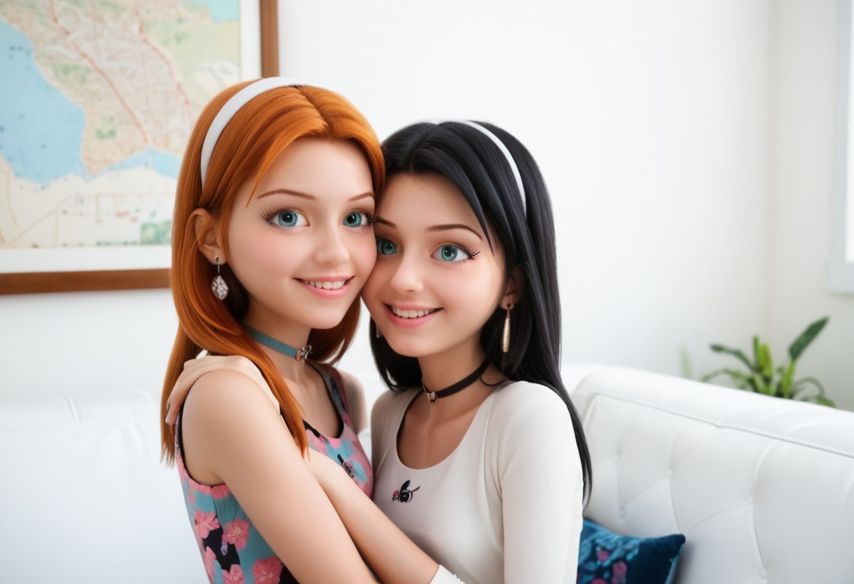 score_9, score_8_up, score_7_up, score_6_up, 
2girls, sitting together, on a couch, (leaning against each other, head on shoulder, cheek to cheek:1.4),
1girl, Sabrina Raincomprix, long hair, orange hair, green eyes, fair skin, earrings, white blouse, choker, 
1girl, Marinette Dupain-Cheng, long hair, bright bluebell eyes, black hair, twin tails, earrings, red blouse, choker, 
perfect eyes, real skin, amateur, photo, solo, perfect face, perfect eyes, sexy, beautiful eyes, petite body, 
masterpiece, best quality, amazing quality, 
heavy blush, thick dark eyelashes, tiny body,
(skinny girl), on a couch, family home, living room, wall pictures, plants,
blurry background, lot of people in background, shy expression, depth of field, volumetric lighting, biting lips, vibrant colors, intricate details, 
smiling, teeth, arms crossed, close up on face, real skin,