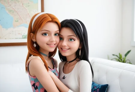 score_9, score_8_up, score_7_up, score_6_up,
2girls, sitting together, on a couch, (leaning against each other, head on shoulder, cheek to cheek:1.4),
1girl, Sabrina Raincomprix, long hair, orange hair, green eyes, fair skin, earrings, white blouse, choker,
1girl, Marinette Dupain-Cheng, long hair, bright bluebell eyes, black hair, twin tails, earrings, red blouse, choker,
perfect eyes, real skin, amateur, photo, solo, perfect face, perfect eyes, sexy, beautiful eyes, petite body,
masterpiece, best quality, amazing quality,
heavy blush, thick dark eyelashes, tiny body,
(skinny girl), on a couch, family home, living room, wall pictures, plants,
blurry background, lot of people in background, shy expression, depth of field, volumetric lighting, biting lips, vibrant colors, intricate details,
smiling, teeth, arms crossed, close up on face, real skin,