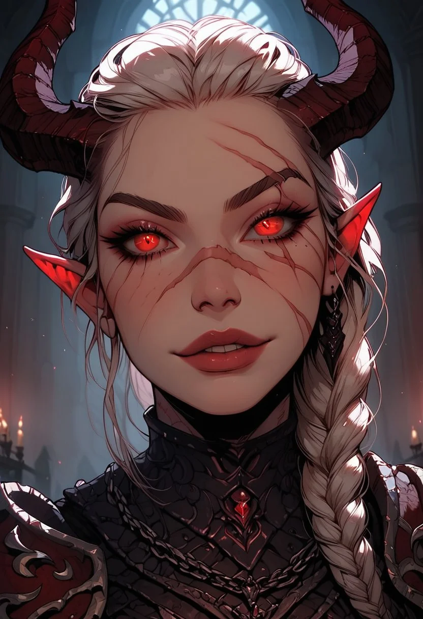 Score_9, Score8_up, Score_7_up, (((High Resolution, Best Quality))), 
1girl, succubus, horns, solo, beautiful face, lean muscle, muscle mass, warpaint, detailed eyes, red eyes, braided ponytail, tight armor, demonic armor, dark armor, jagged armor, chainmail, large breasts, demon guard, many scars, scar over eye, fur lined, wide hips, tattoo, jewelry, beautiful lights, inside, demonic throne, obsidian, obsidian walls, holding a whip, demonic whip, armor cut outs, 
foreshortening, extreme foreshortening, 
Close up,
