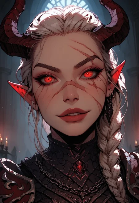 Score_9, Score8_up, Score_7_up, (((High Resolution, Best Quality))), 
1girl, succubus, horns, solo, beautiful face, lean muscle, muscle mass, warpaint, detailed eyes, red eyes, braided ponytail, tight armor, demonic armor, dark armor, jagged armor, chainmail, large breasts, demon guard, many scars, scar over eye, fur lined, wide hips, tattoo, jewelry, beautiful lights, inside, demonic throne, obsidian, obsidian walls, holding a whip, demonic whip, armor cut outs, 
foreshortening, extreme foreshortening, 
Close up,