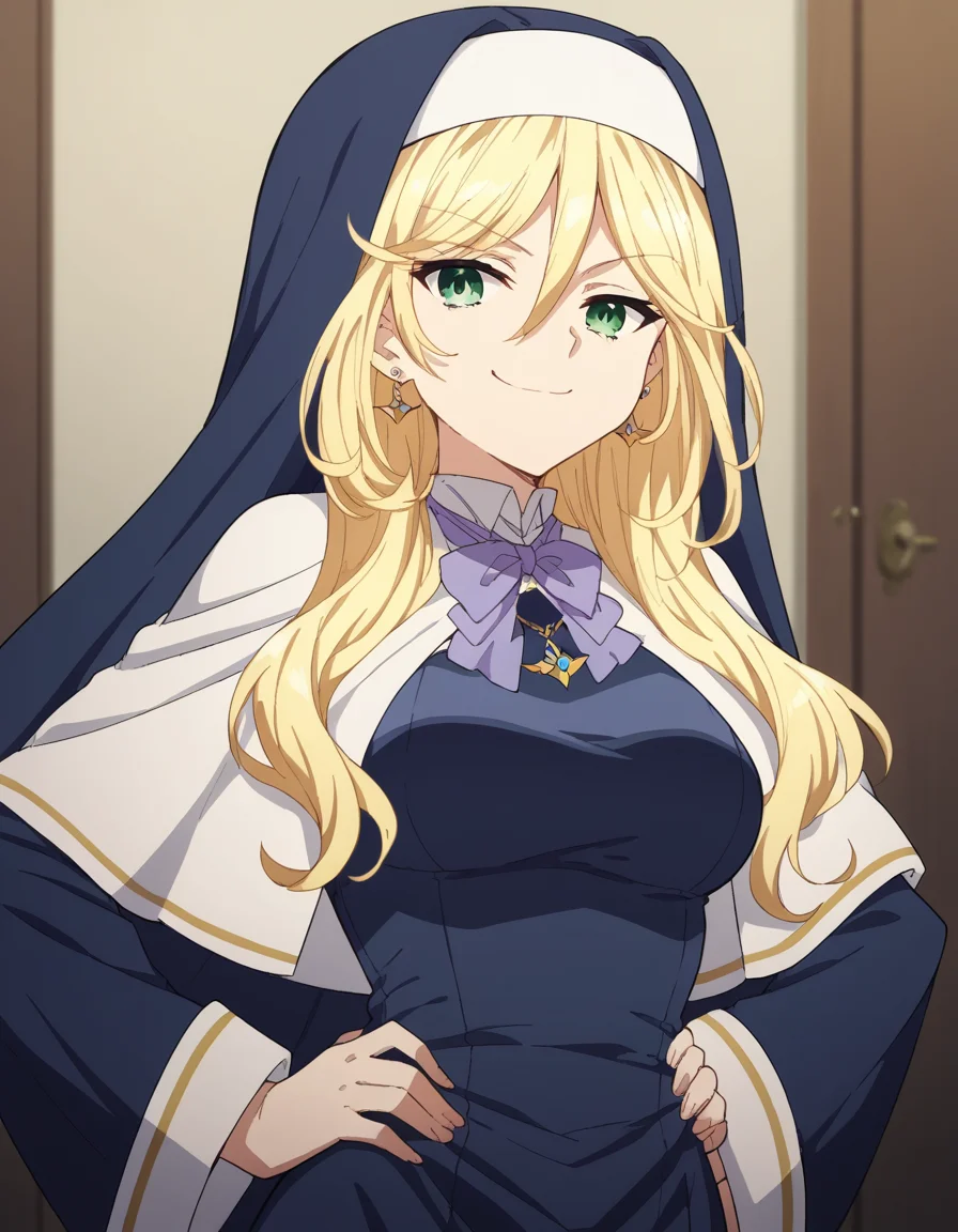 score_9, score_8_up, score_7_up, source_anime, <lora:sharon-holygrail-s1-ponyxl-lora-nochekaiser:1>, sharon holygrail, long hair, blonde hair, hair between eyes, green eyes,, bow, jewelry, earrings, bowtie, necklace, purple bow, nun, habit, purple bowtie, capelet, white capelet,, indoors, smug, smile, looking at viewer, solo, hands on hips,, cowboy shot, dutch angle