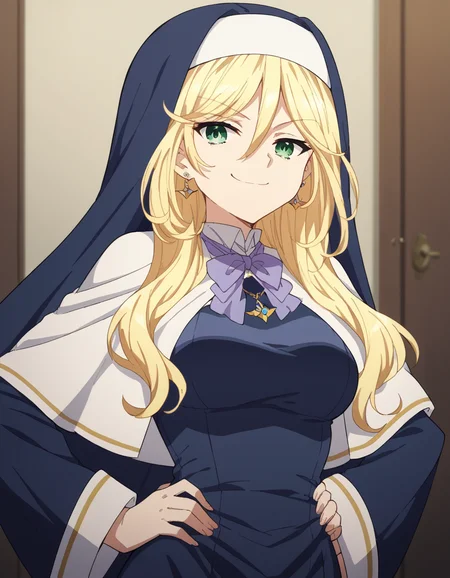 score_9, score_8_up, score_7_up, source_anime, <lora:sharon-holygrail-s1-ponyxl-lora-nochekaiser:1>, sharon holygrail, long hair, blonde hair, hair between eyes, green eyes,, bow, jewelry, earrings, bowtie, necklace, purple bow, nun, habit, purple bowtie, capelet, white capelet,, indoors, smug, smile, looking at viewer, solo, hands on hips,, cowboy shot, dutch angle