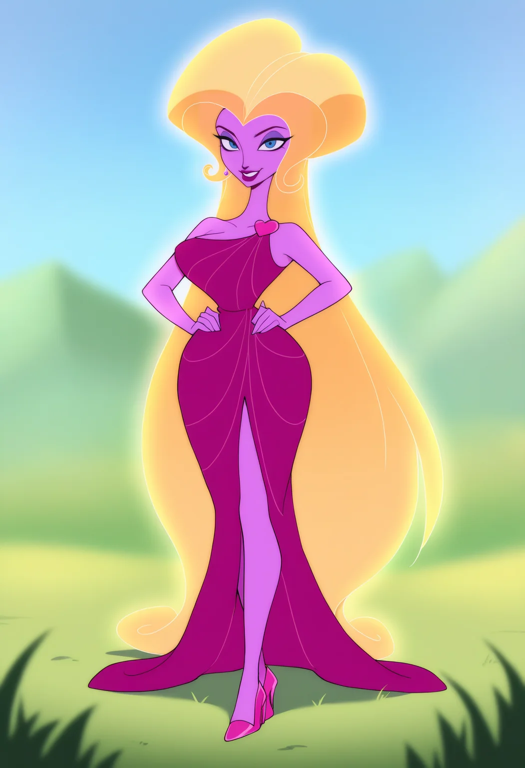 masterpiece, best quality, very aesthetic, absurdres,
1girl, aphrodite, blonde hair, long hair, blue eyes, purple skin, colored skin, earrings, lipstick, makeup,
purple dress, high heels,
hands on hips, looking at viewer, full body, smile, solo, grass, blue sky, moutains background <lora:AphroditeNoobXL_byKonan:1>