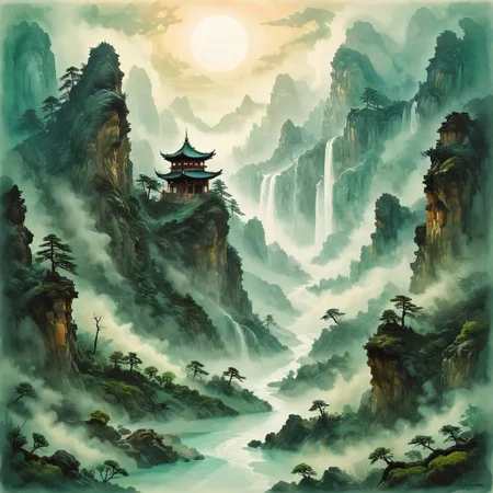 (Ink illustration on parchment, watercolor, ink splashes, Ukiyo-E). ((watercolor)), ((Chinese landscape)), Pagodas, Red-Trees, landscape focus, small figure off-side, Chinese Mountains, Rivers, Clouds, with watercolor washes, (((verdant green landscape))), (((mist, waterfalls))), trees, lush foliage, endless karth mountains that stretch outward to the horizon, a lone woman traversing the landscape!! wearing a bright blue cloak to make the miniscule figure stand out in a landscape dotted with the ruins of an ancient destroyed civilisation, crumbling stone, degraded buildings and temple, a long magical aurora borealis stretching across the sky, a broken moon high in the sky partially turned into an asteroid belt, a Saturn-like ringed-planet world, flickers of magical energy illuminating the land, in the far distance a giant wall of smoke is rising from the shattered earth in which a multitude of faces are forming and screaming, Ink splashes, rough ink sketch, Ghibli style, high contrast, stylized, dark skin, close up on face, head and shoulder, leather medieval top with lowered hood, Art Nouveau Style, detailxl, BadDream, dioramas,