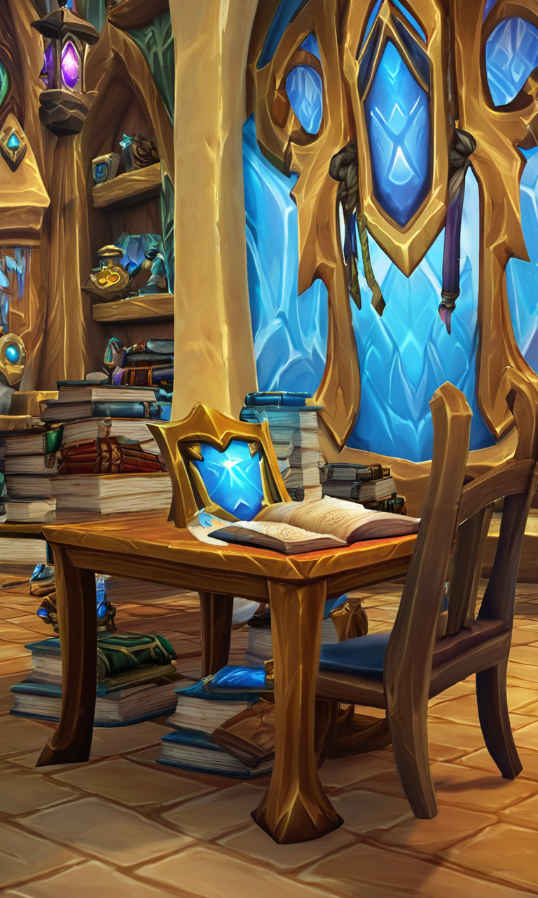score_9, score_8_up, score_7_up, rating_safe BREAK, world of warcraft, indoors, book, chair, table, shield, paper, scroll, map, master sword, link, warcraftstyle, <lora:WarcraftStyle_v1:0.8>