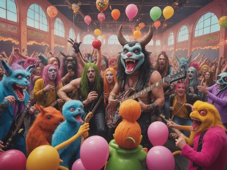 a heavy metal band plays a concert in candyland,daytime,audience full of innocent creatures and colorfully dressed people,vibrant colors,super intricate,insaneres,absurdly detailed,<lora:add-detail-xl:0.8>,photograph,hyper realistic,cinematic lighting,sharp focus,beautiful faces,realistic skin,