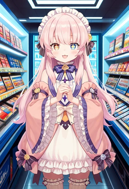 1girl, solo, little girl, <lora:eksistere_ill_v1:1>, eksistere, long hair, pink hair, frill headdress, + +, yellow blue heterochromia, pink dress, white skirt, frill thighhighs, vertical stripes, black string from skirt, wide sleeves, bare shoulders, striped bow, yellow blue rose, white bow, join own hands, :3, open mouth smile, blush, sparkle, floating many heart, indoors, Game stores, display shelves, game software packages,
extremely detailed cg, amazing quality, very aesthetic, absurdres, newest,