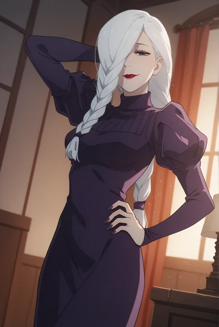 score_9, score_8_up, score_7_up, score_6_up, score_5_up, score_4_up, BREAK source_anime, 1girl, solo,
<lora:MeimeiXL-v1-06:0.8>, ChopioMeiMei, white hair, looking at viewer,
medium breasts, purple nails, long fingernails,
long hair, braided ponytail, hair tie, front ponytail, hair over one eye, purple eyes, red lipstick, half-closed eyes,
outfit_1, purple dress, turtleneck dress, juliet sleeves,
bedroom, standing, seductive smile, hand on hip, arm behind head, sexy pose, dutch angle,