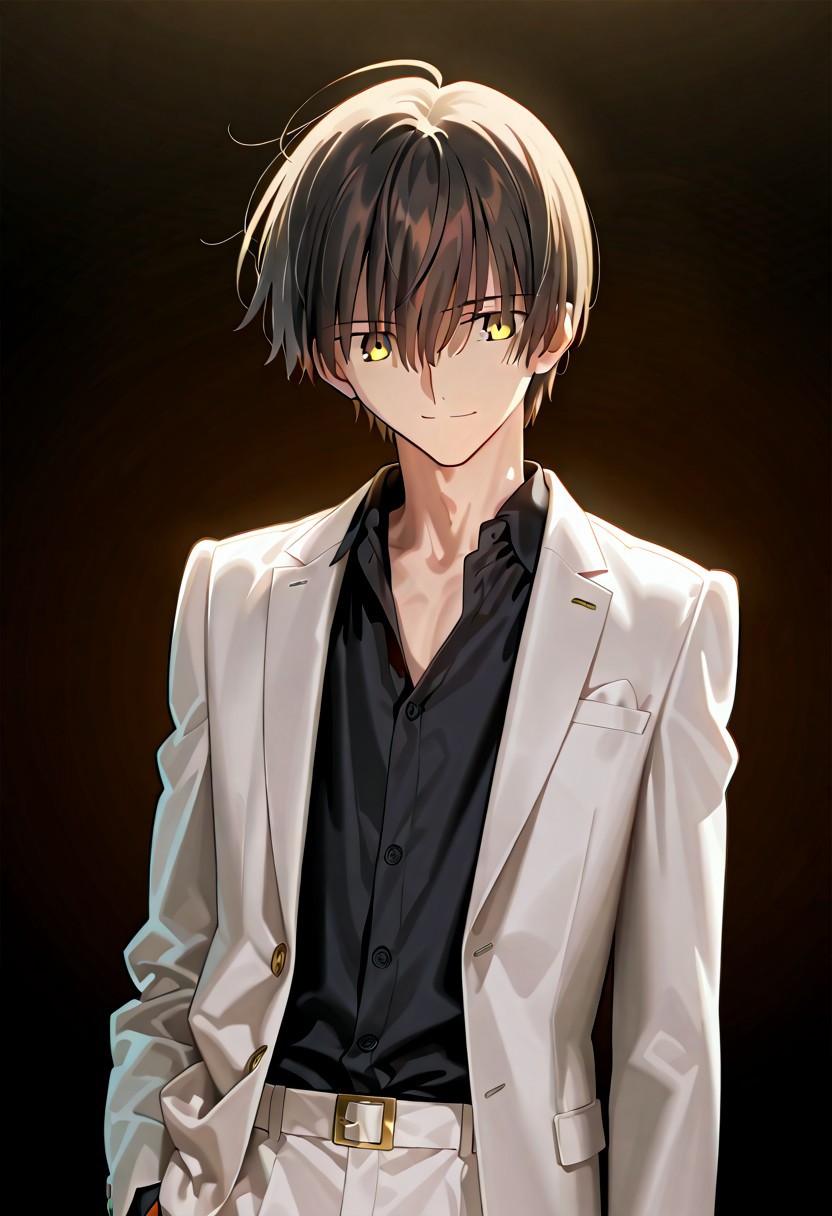 ((masterpiece, best quality, amazing quality, very aesthetic, absurdres)), 
Takeuchi takashi, ((solo)), calm, smile, closed mouth, 1boy, solo, peaceful, closed mouth, slim_build (((yagami_light face))), (((black hair, yellow eyes))), ((short hair, hair between eyes)), (((white suit, open suit, black shirt, collared shirt, black slacks))), no background, dark background, sideshot, cowboy shot, dark background, portrait,