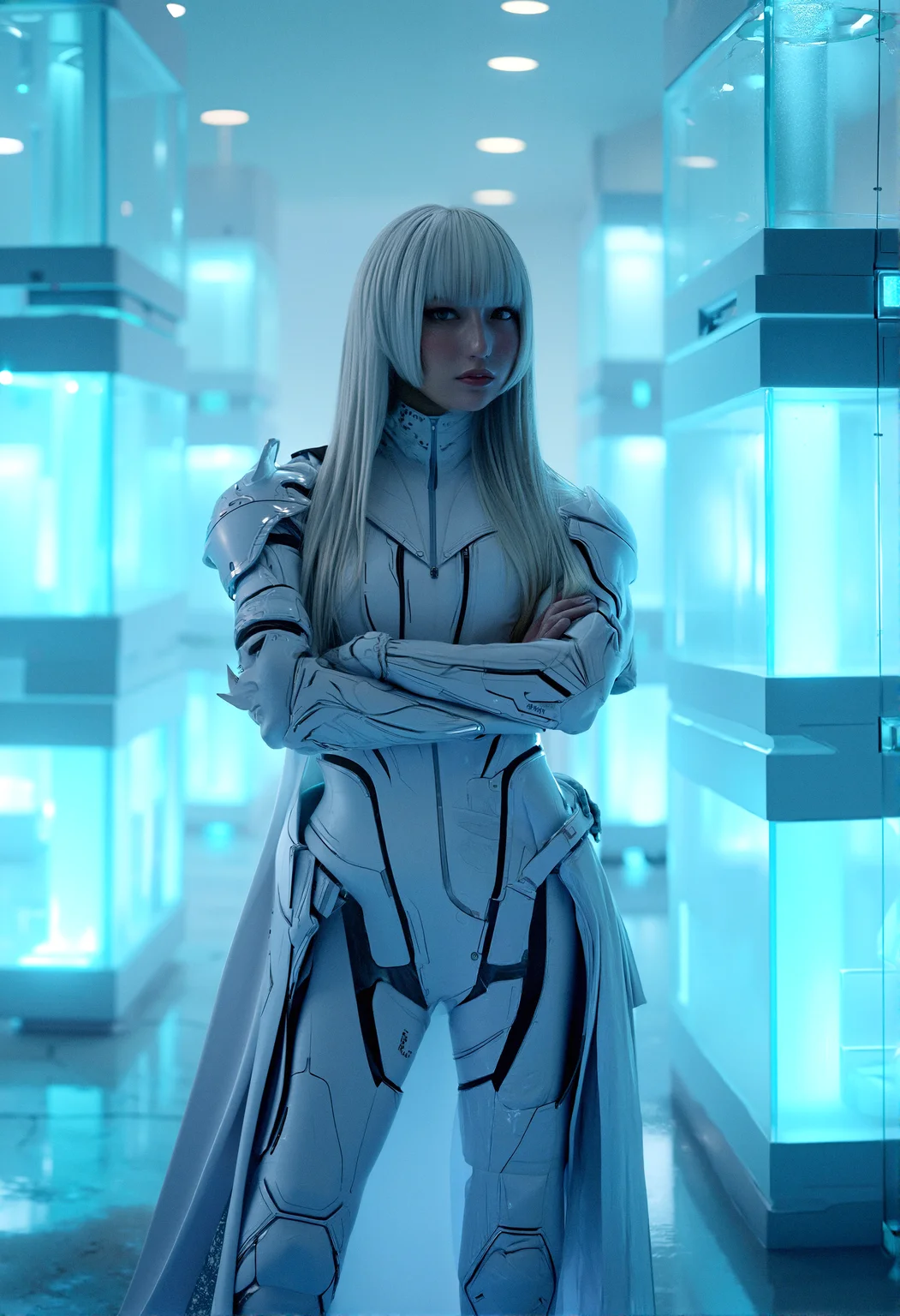 Photorealistic image of a futuristic female warrior with white hair and a sleek, armored outfit standing confidently in a vast, glowing room made entirely of blue-tinted glass cubes, the light reflecting off the surfaces creating a luminous atmosphere.
The character standing in a relaxed stance with her arms crossed over her chest, her head slightly tilted as she surveys the environment, the glowing cubes reflecting off her white armor.
cinematic lighting, extremely intricate detail character, accurate depiction of character, correct body anatomy, correct hands and fingers, extremely intricate skin and facial texture detail, design,lifelike potrayal, extrememly realistic lighting, extreme dynamic pose, sfw, fully clothes, sharp background detail, wide shot