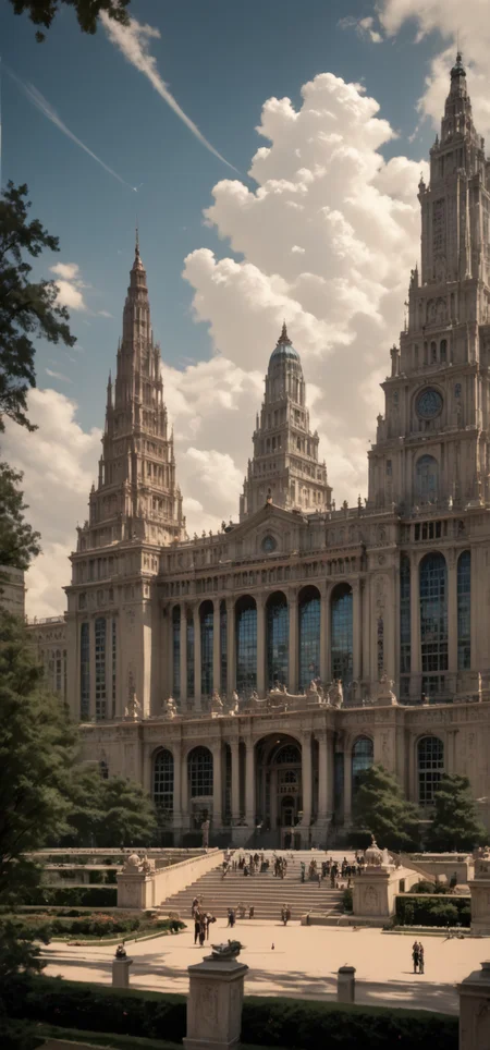 score_8-up, score_7_up, landscape, majestic building, perfect architecture, straight lines, detailed sculptures, original point of view, horizontal lines, perfect contrasts, detailed dark shadows, lossless details highlights, innovative composition <lora:Majestic-Fantasy-Architecture_ponyXL_LOREVER:0.9> mafarch, scenery, outdoors, building, geometric shapes, bold colors, luxurious, elegant, decorative, symmetrical, ornate, detailed, trees, dramatic sky