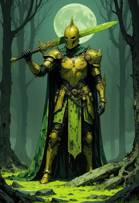 Acid knight, ornate decaying armor, ((green acid burns in armor)), ((brandishing long curved sword towards viewer)), ((green acid in sword)), acid burns, green undertones, decayed golden armor, tall tapered helmet, ((very aesthetic background, misty swamp, lit by moonlight)), ((rough sketch concept art)), full length photo