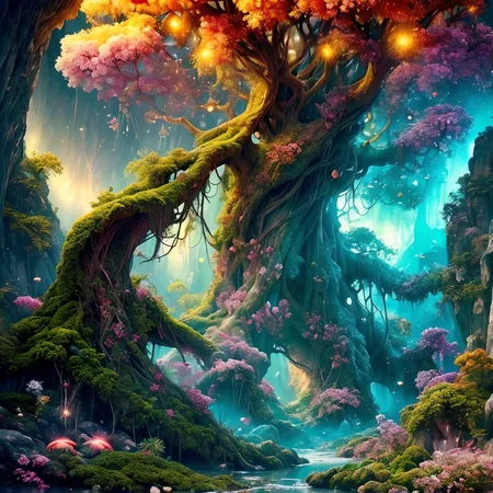 RAW photo, (masterpiece:1.3), subsurface scattering, heavy shadow, (high quality:1.4), (intricate, high detail:1.2), professional photography, HDR, High Dynamic Range, realistic, ultra realistic, photorealistic, high resolution, film photography, ambient lighting, atmospheric effects, <lora:detail_slider_v4:2>, OverallDetail, a huge magical tree with big roots, there is a cave in its trunk, in a fantasy forest with magical lights, godrays, flowers, FeyFa, <lora:FeyAndFairies-10:1>, epiCPhoto