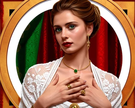 A highly realistic digital painting of a fair-skinned woman with long, light brown hair, styled with gold bands. She has striking green eyes and full, red lips. She is wearing elegant gold earrings and a white lace shawl draped over her shoulders. Her hands, adorned with multiple gold rings, are clasped in front of her chest. The background is a rich red, enhancing her pale complexion. The detailed textures of the lace and her smooth skin are meticulously rendered. The overall style is reminiscent of classical portraiture with a modern digital twist.. doviliotarot <lora:DovilioTarot_SDXL:1.3>