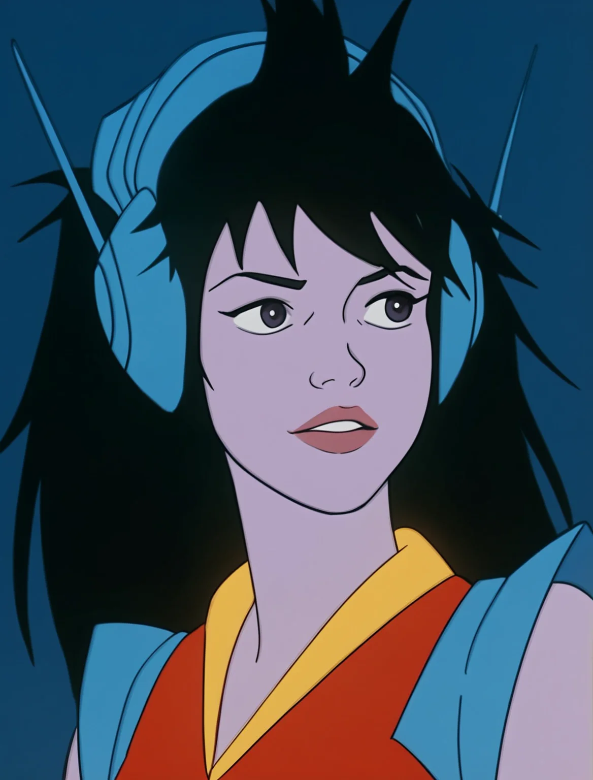 fut2ra, score_8_up, score_7_up, source_manga, rating_safe, futura, purple skin, dark eyes, long messy hair, black hair, blue headset, light smile, red futuristic leotard, blue shoulder pads, upper body, dark background,  <lora:Futura_-_Filmations_Ghostbusters_1986_-_Pony:0.8>, close-up face, (look at camera:1.0)