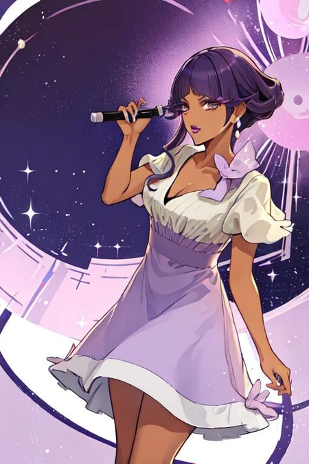 pkmnLip, dark skin, purple hair, brown eyes, lipstick, earring, purple dress, short sleeves, cleavage