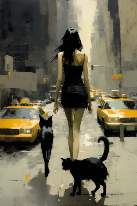<lora:Ben Aronson Style:1>Ben Aronson Style - New York cityscape painting in style of Jeremy Mann. In the foreground, a short girl with long black hair walks away from the camera while a black cat walks with her. High Contrast