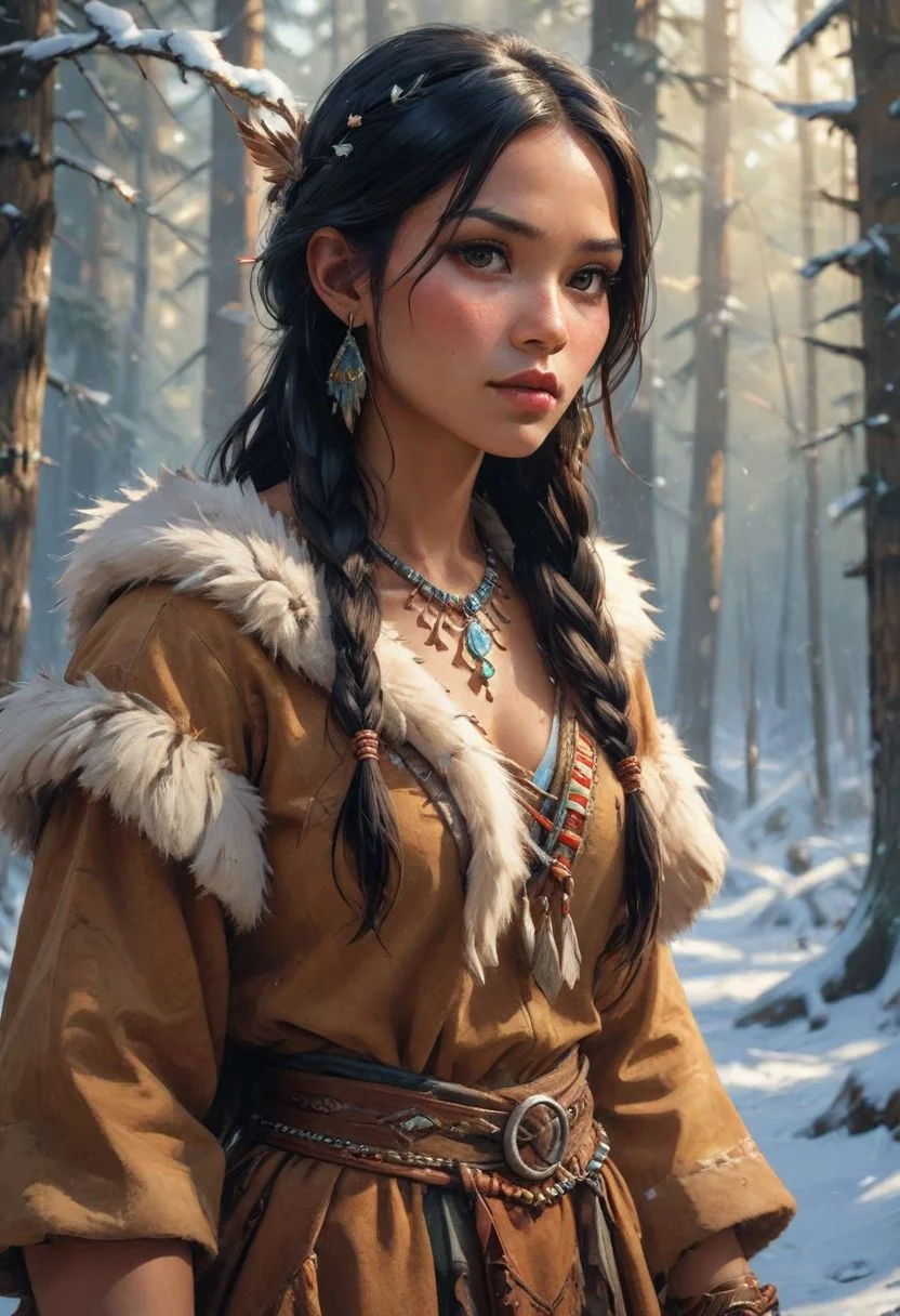 unique perspective, unique angle, comic book angle and perspective, intricate details, hyper-detailed, hyper-realistic, cinematic, depth of field, volumetric light, translucency, concept art, (low saturation:1.5),
North American forest in the winter, 
Portrait, looking at viewer, Cowboy Shot, 
1 mature woman, 
Disney Pocahontas, Native American Woman, dark skin, long hair, strait hair, (black hair:1.4), necklace, fully covered clothing, hide jacket, hide shirt, hide skirt, sleeves, beads, fur, Native American jewelry, 
(square jaw line:2), (cheekbones:2), (cheek sink:2),
24 Year Old Supermodel
Makeup, freckles, skin imperfections, 
Fake Eyelashes,
fleshy big lips,
slender body,
long legs,
The art draws inspiration from NijiExpress 3D, abstract techniques, AirBrush effects, decorative details, 64k resolution popularized on Artstation, oblin academia, clayton crain, andrea kowch, daniel f. gerhartz, Karol Bak, Luis Royo, calm, andrew yang,