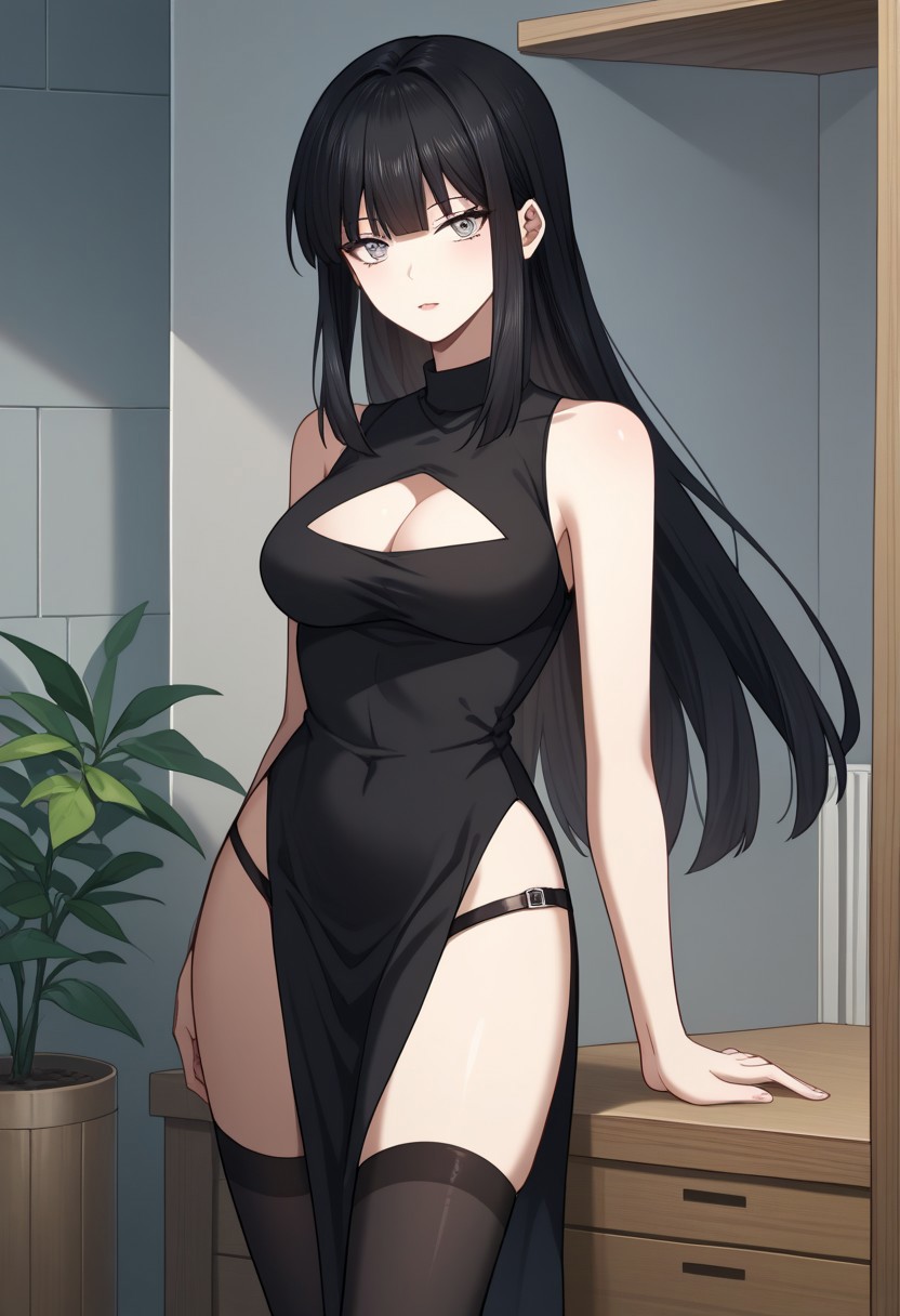 score_9, score_8_up, score_7_up, score_6_up, source_anime, Jianying, Jian1st_dress, sleeveless, grey eyes, black hair, long hair, cleavage cutout, pelvic curtain, thighhighs, dorm