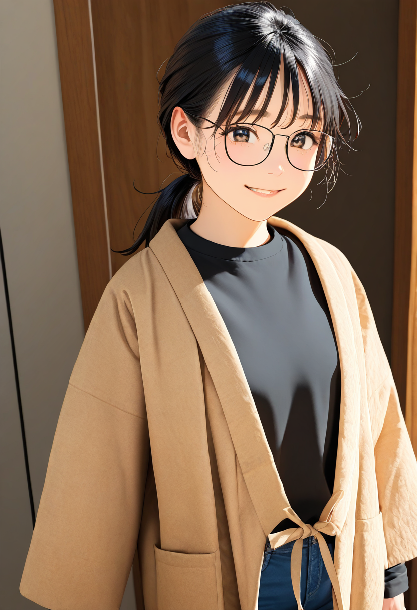 hanten, 1girl, solo, glasses, black hair, ponytail, black shirt, jeans, denim, standing, long sleeves, blue pants
, happy, smile, looking at viewer, upper body, 
masterpiece, best quality, amazing quality, very aesthetic, absurdres,
 <lora:Clothing_hanten_illustrious_V1L:0.8>