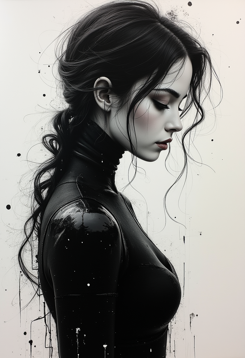 A masterpiece of (abstract android idol girl ink painting full body capture) style created by the collaboration of Francisco Goya and Michelangelo Merisi da Caravaggio.    HD32K, hyperdetailed, best quality, aidmaMJ6.1.