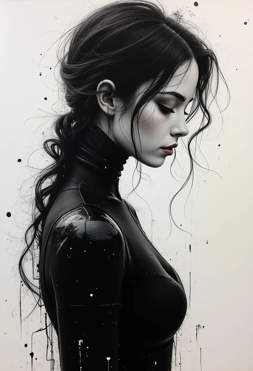 A masterpiece of (abstract android idol girl ink painting full body capture) style created by the collaboration of Francisco Goya and Michelangelo Merisi da Caravaggio. HD32K, hyperdetailed, best quality, aidmaMJ6.1.