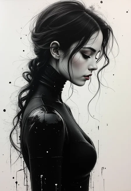 A masterpiece of (abstract android idol girl ink painting full body capture) style created by the collaboration of Francisco Goya and Michelangelo Merisi da Caravaggio. HD32K, hyperdetailed, best quality, aidmaMJ6.1.