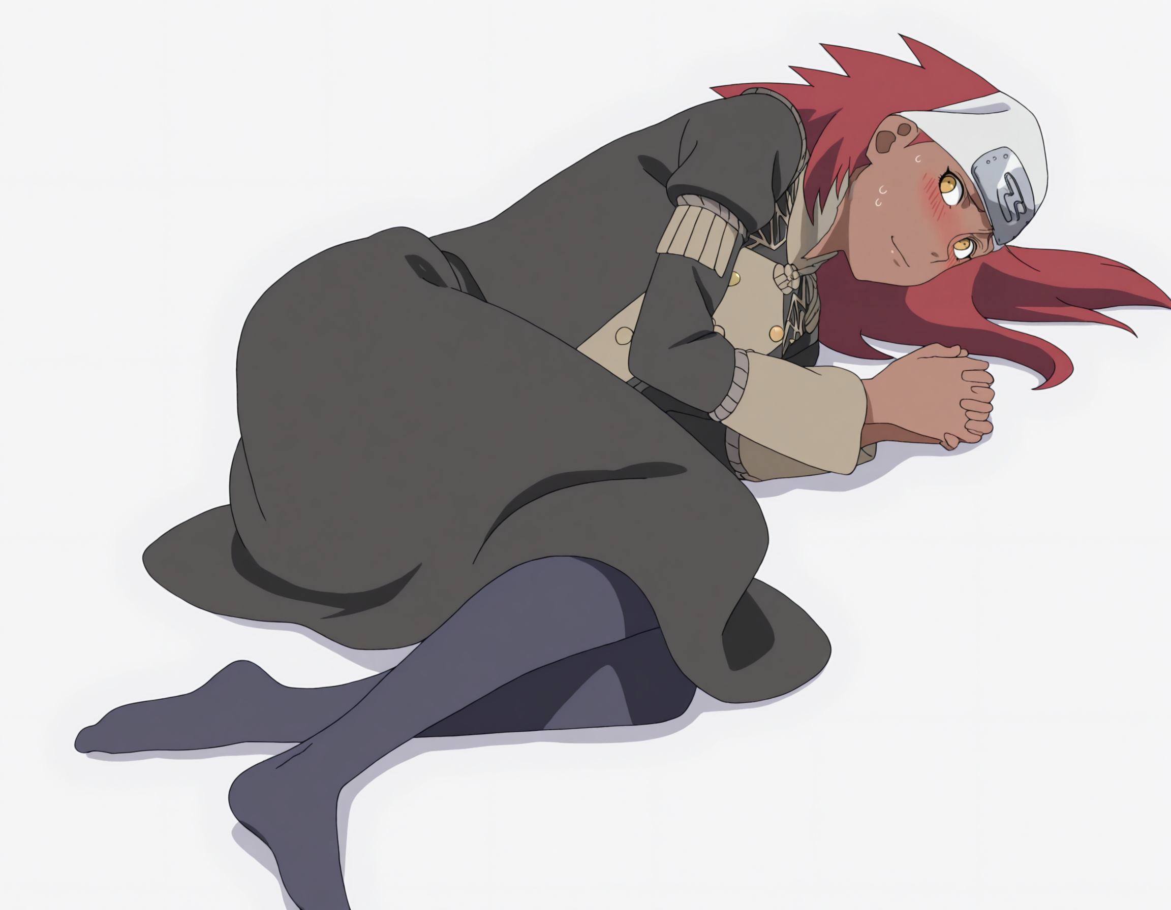 full body, solo, perfect composition, shadows, shading, <lora:anime_screencap-Illustrious:0.65> anime screencap, anime coloring, very aesthetic, absurdres, zPDXL, <lora:Pony_DetailV2.0:0.5> <lora:illustrious_quality_modifiers_masterpieces_v1:1>
<lora:k2ru1:1> k2ru1, 1girl, dark-skinned female, red hair, long hair, white bandana, forehead protector, female focus, looking to the side, blush, nervous, smile, sweatdrop, laying on side, hands together,
 <lora:gmuniform1-illu-nvwls-v1:0.8> gmuniform1, black jacket, gold trim, puffy sleeves, black buttons, black skirt, blue pantyhose
white background, simple background,