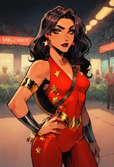 1girl, score_9, score_8_up, score_7_up, western cartoon, neon lighting, very detailed, depth of field, cinematic illumination, volumetric lighting, full color picture, vibrant colors, gold armlet, makeup, looking at viewer, looking forward, shield on back, star pattern, gold armband, red suit, silver bracers, full body,