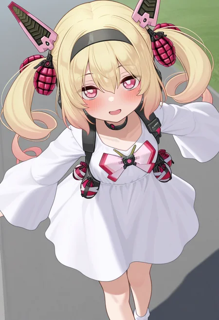 ikinone_tomeru, blonde hair, twintails, hairband, multicolored hair, black hairband, hair ribbon, pink eyes, long hair, gradient hair, headgear, hair between eyes ,drill hair, mechanical ears,
choker, white dress,ong sleeves, grenade, bow, ribbon, official alternate costume, white socks, no shoes,
<lora:ikinone_tomeru_Illustrious-XL_2.0_v1:1>, IllusP0s,masterpiece, best quality, amazing quality, very aesthetic, absurdres, newest
solo,1girl,, standing, (dynamic pose) , blush,open mouth,light smile,
looking at viewer,(upper body, close-up),cowboy shot, upper body,
(outdoors, )