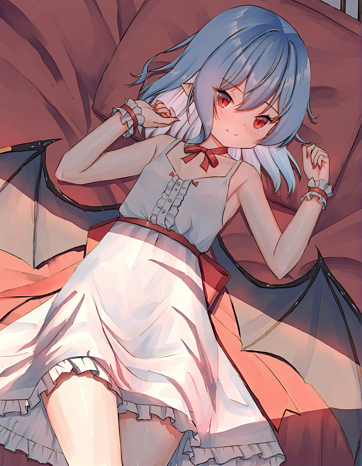 ray peng, 1girl, solo, remilia scarlet, on back,
very awa, masterpiece, best quality, year 2024, newest, highres, absurdres, <lora:ray-peng-style-noobai-vpred10:1>