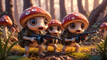 cartoon, cinematic movie scene, group of cute mushrooms with big eyes and small arms holding tmmygn submachine guns, sunrise, warm light,
<lora:Thompson_Submachine_Gun_-_1928_SDXL:0.8> <lora:Cute_3D_Cartoon:0.8>