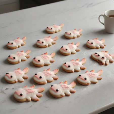 <lora:lora:1>cookie art design,  <lora:Axomodelv2.1:1> delicious cute axolotl  cookies on kitchen countertop, rustic home,   <lora:add-detail-xl:1>